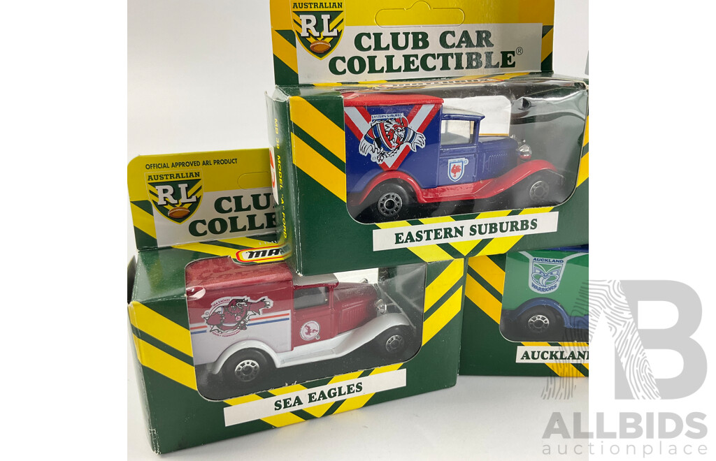 Collection of 1995 Matchbox Rugby League Ford Model  'A' Team Vehicles Including Raiders, Knights, Warriors, Sea Eagles, Panthers, Reds and Roosters