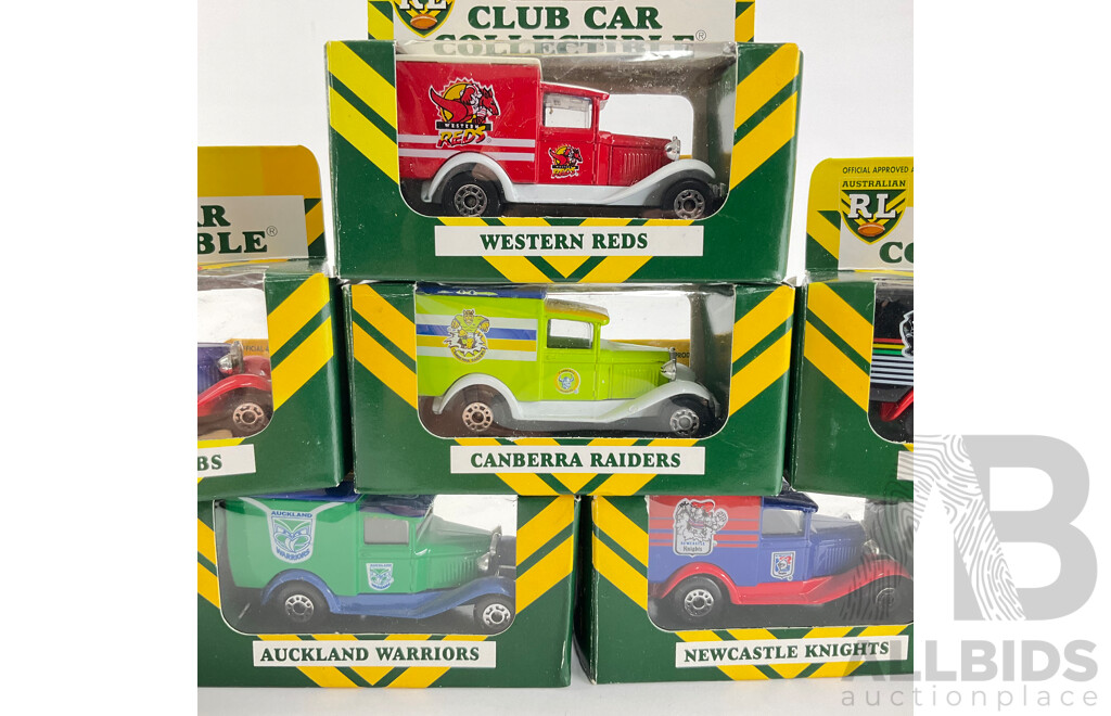 Collection of 1995 Matchbox Rugby League Ford Model  'A' Team Vehicles Including Raiders, Knights, Warriors, Sea Eagles, Panthers, Reds and Roosters