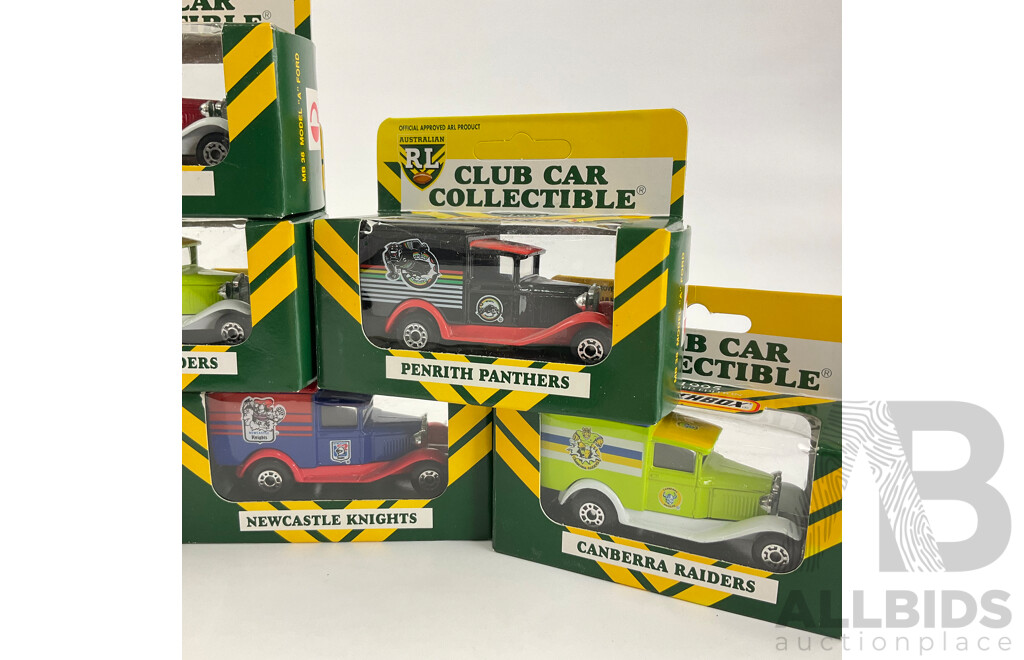 Collection of 1995 Matchbox Rugby League Ford Model  'A' Team Vehicles Including Raiders, Knights, Warriors, Sea Eagles, Panthers, Reds and Roosters