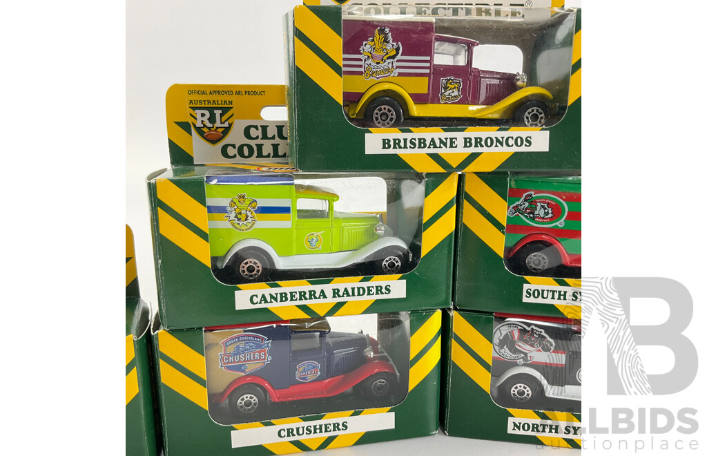 Collection of 1995 Matchbox Rugby League Ford Model  'A' Team Vehicles Including Cowboys, Rabbitos, Raiders, Steelers, Broncos, Bears and Crushers