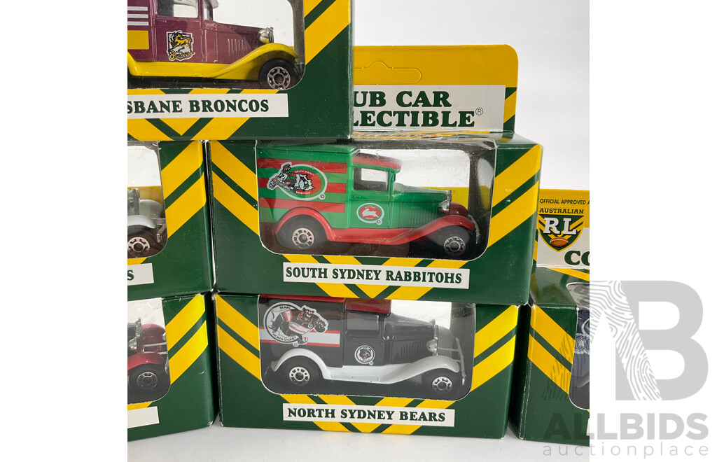 Collection of 1995 Matchbox Rugby League Ford Model  'A' Team Vehicles Including Cowboys, Rabbitos, Raiders, Steelers, Broncos, Bears and Crushers