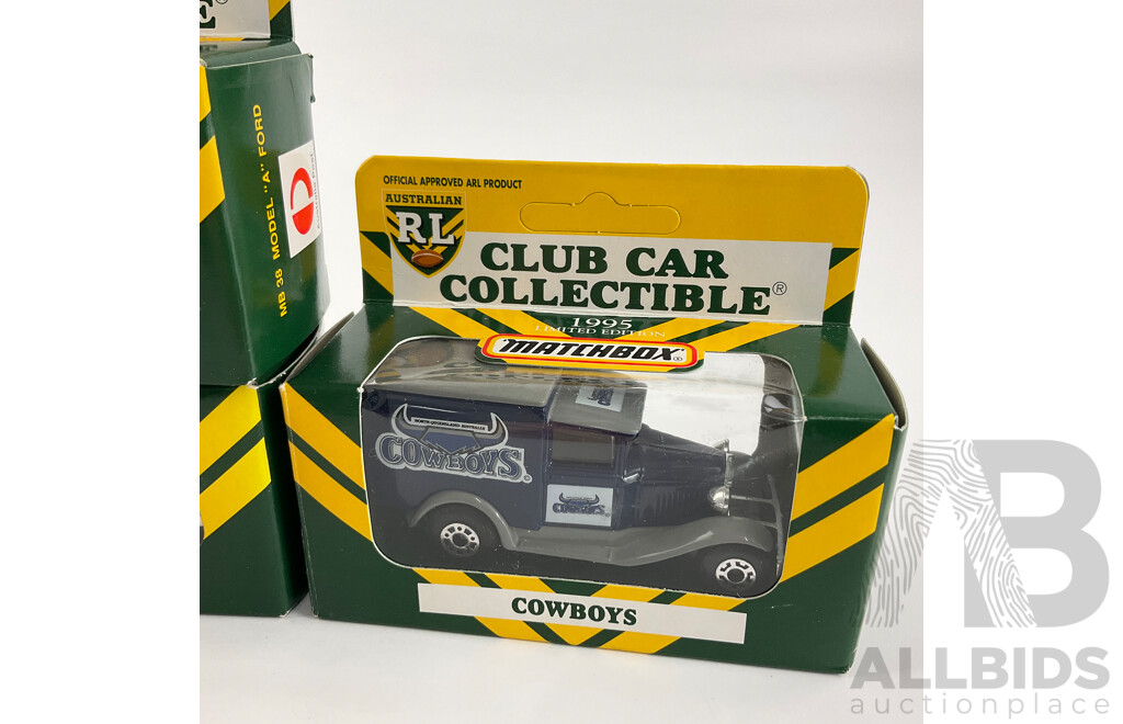 Collection of 1995 Matchbox Rugby League Ford Model  'A' Team Vehicles Including Cowboys, Rabbitos, Raiders, Steelers, Broncos, Bears and Crushers