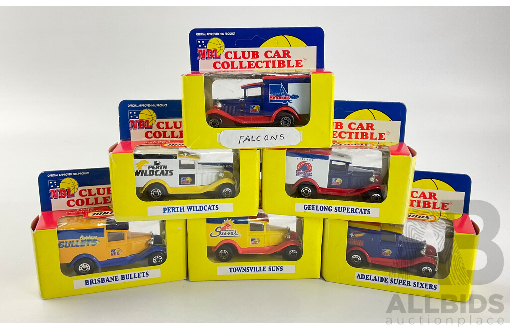 Collection of 1995 Matchbox NBL Ford Model  'A' Team Vehicles Including Bullets, Wildcats, Suns, Falcons, Supercats and Super Sixers