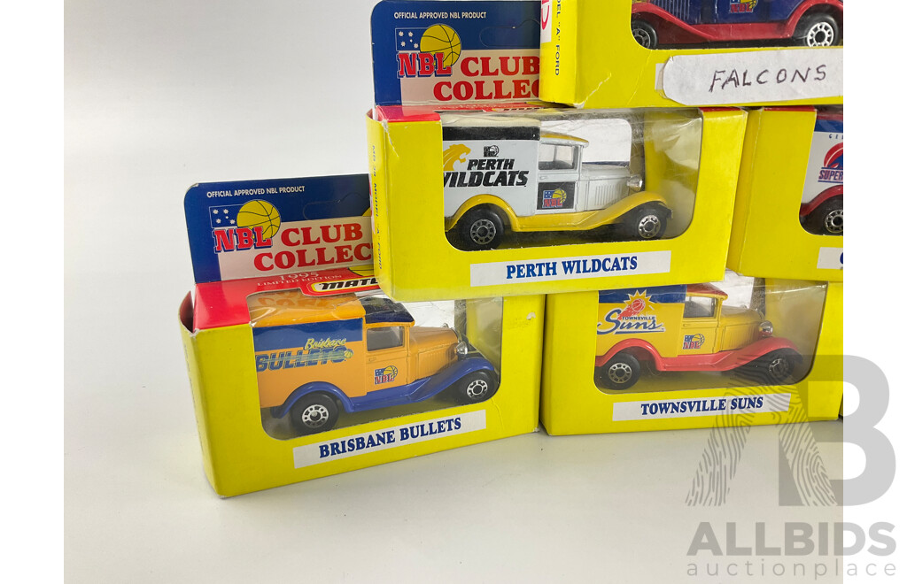 Collection of 1995 Matchbox NBL Ford Model  'A' Team Vehicles Including Bullets, Wildcats, Suns, Falcons, Supercats and Super Sixers