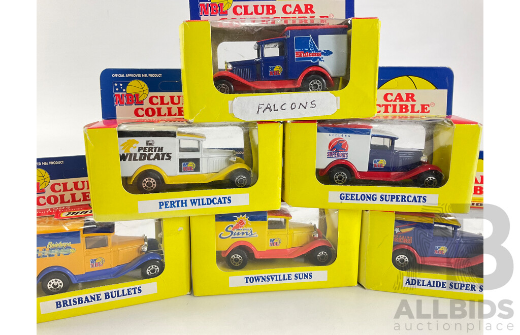 Collection of 1995 Matchbox NBL Ford Model  'A' Team Vehicles Including Bullets, Wildcats, Suns, Falcons, Supercats and Super Sixers