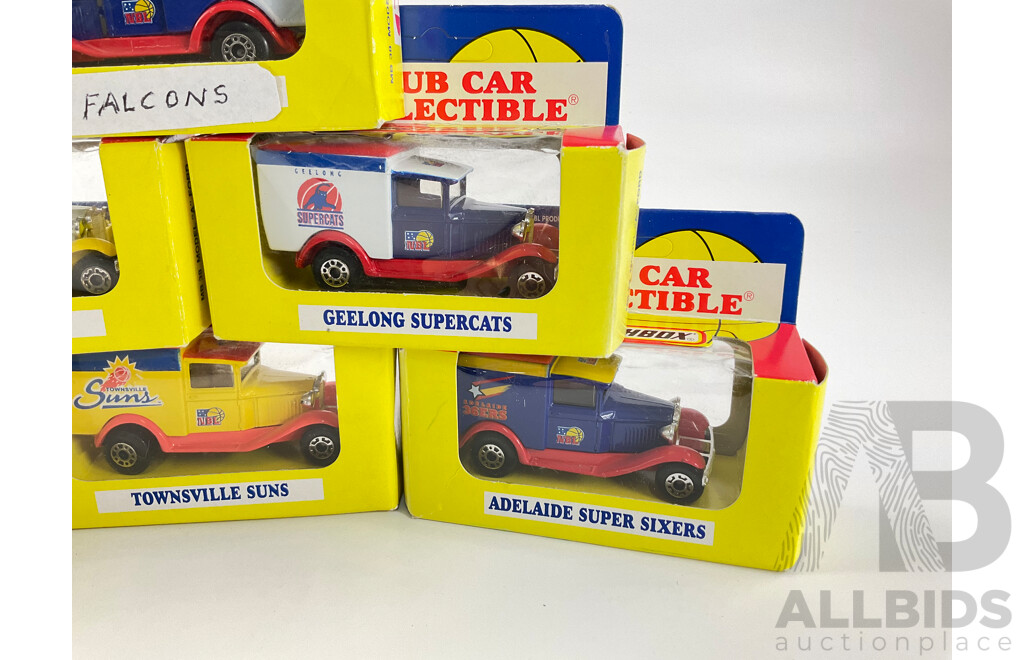 Collection of 1995 Matchbox NBL Ford Model  'A' Team Vehicles Including Bullets, Wildcats, Suns, Falcons, Supercats and Super Sixers