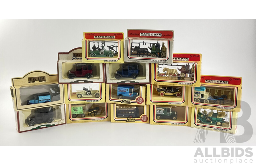 Collection of Diecast Days Gone Vehicles Including Horse Drawn Carts, Company Trucks and Classic Vehicles