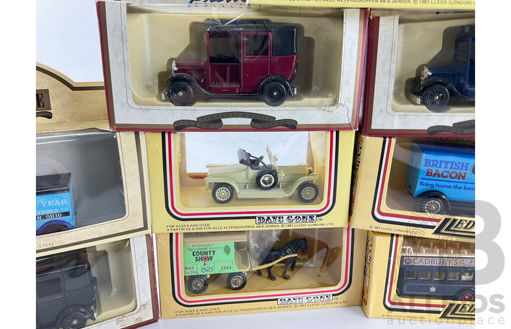 Collection of Diecast Days Gone Vehicles Including Horse Drawn Carts, Company Trucks and Classic Vehicles