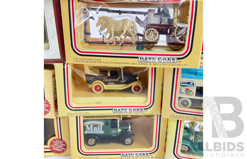 Collection of Diecast Days Gone Vehicles Including Horse Drawn Carts, Company Trucks and Classic Vehicles