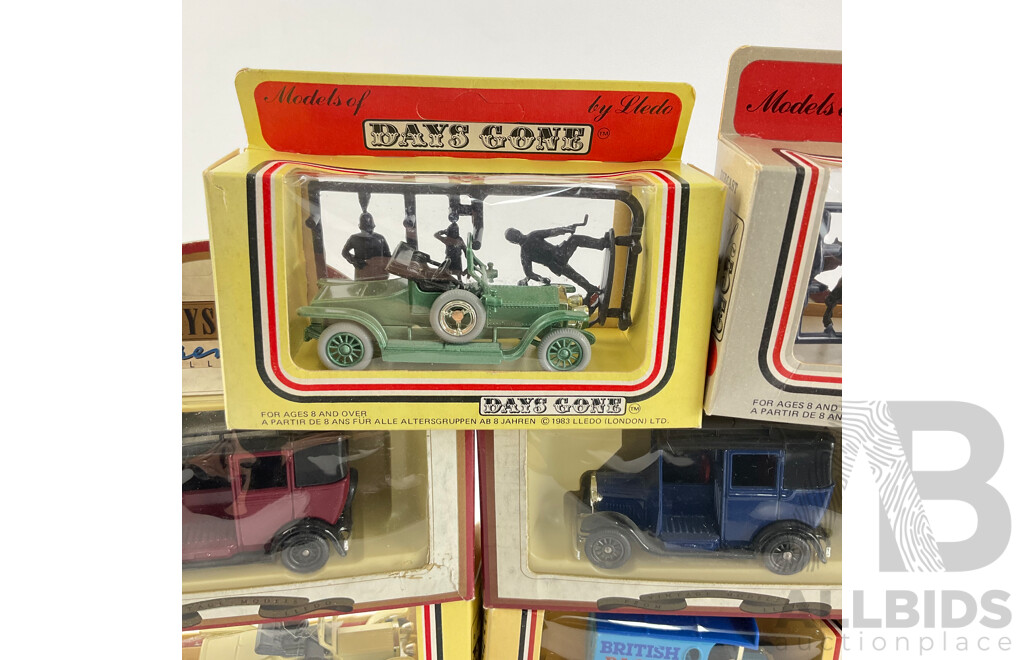 Collection of Diecast Days Gone Vehicles Including Horse Drawn Carts, Company Trucks and Classic Vehicles