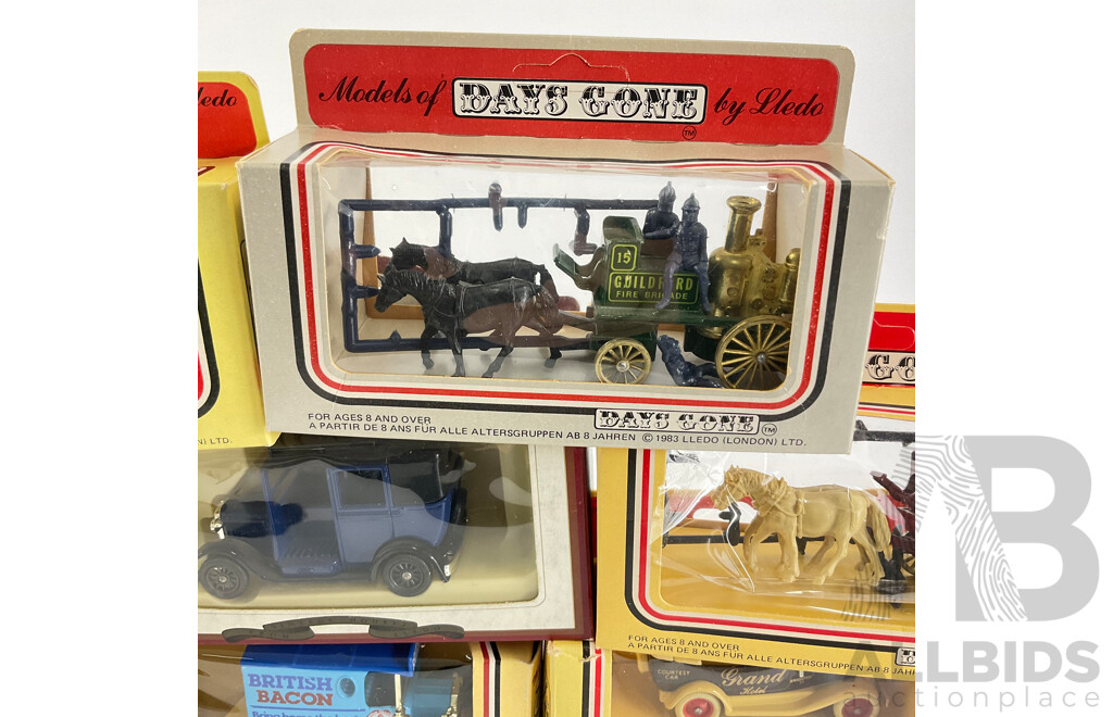 Collection of Diecast Days Gone Vehicles Including Horse Drawn Carts, Company Trucks and Classic Vehicles