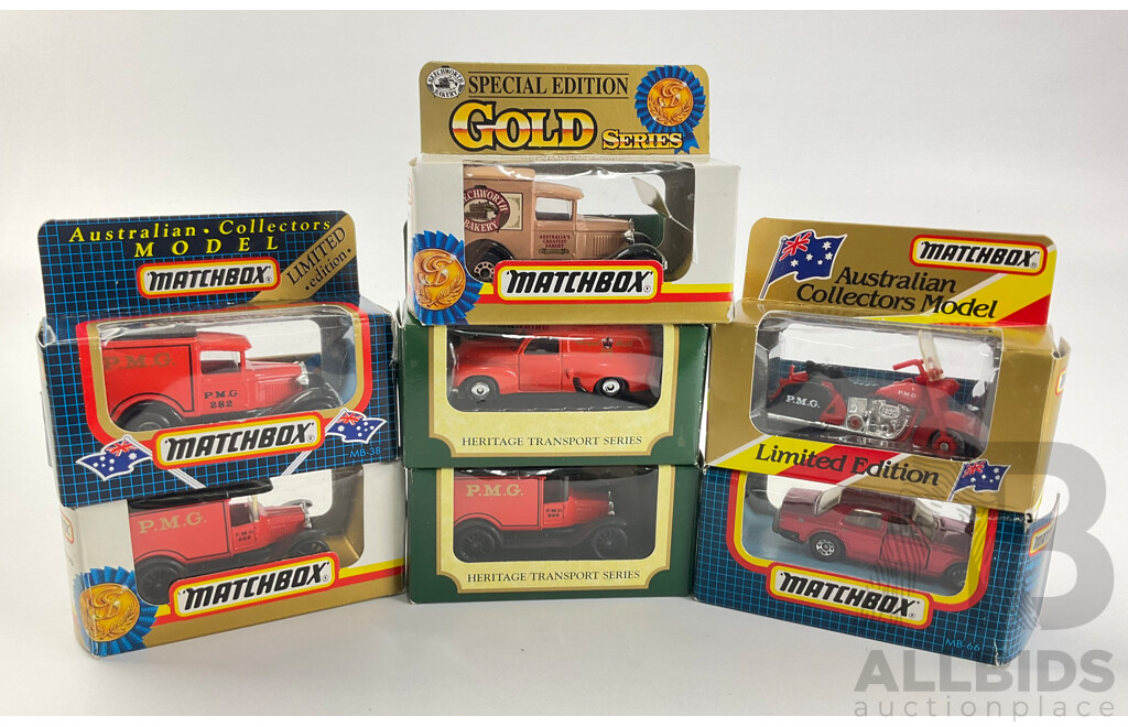 Collection of Diecast Matchbox Including Australian Collectors Model P.M.G Harley, Gold Series Model T and Collectors Model P.M.G Tucks