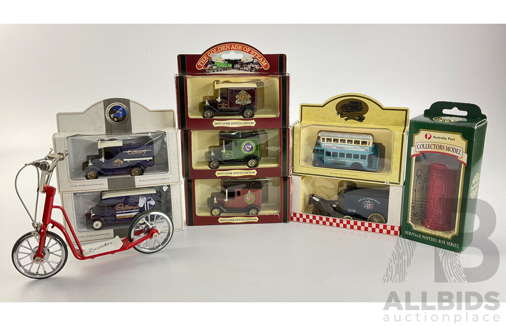 Collection of Diecast Vehicles Including Days Gone Golden Age of Steam, Lledo Promotional Vehicles and Australia Post Letter Box and Scooter with Functional Brakes