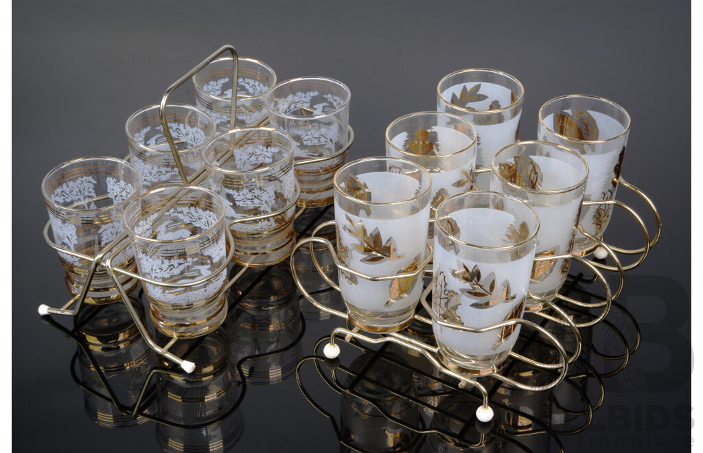 Two Sets Six Vintage Art Deco Holiday Themes Glasses in Carry Wire Basket