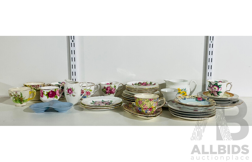 Collection of Porcelain Teacups and Saucers From Aynsley Bone China, Staffordshire Fine Bone China, Royal Winton and More