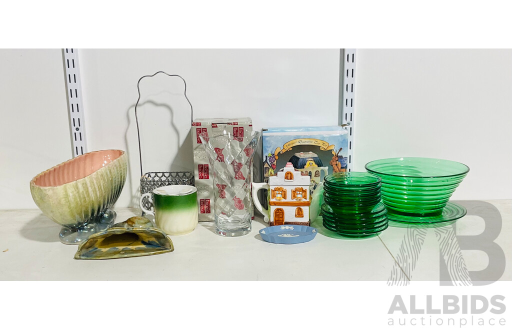 Collection of Glass and Ceramic Homeware Including Shell Form Decorations, Decorative Teapot, Set of Green Glass Plates and More