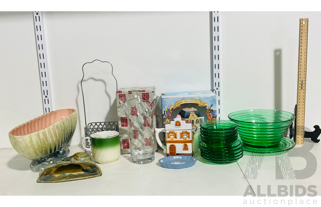 Collection of Glass and Ceramic Homeware Including Shell Form Decorations, Decorative Teapot, Set of Green Glass Plates and More