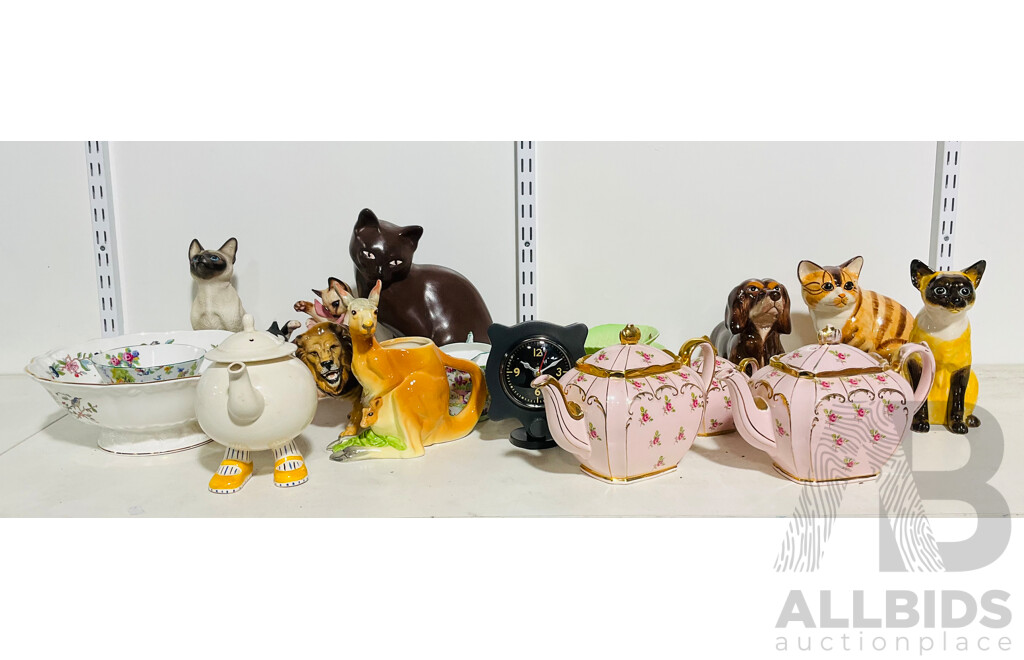 Collection of Ceramic Animal Statues Including Cats, Dogs, Lions and Porcelain Teapots and Serving Plates and Bowls