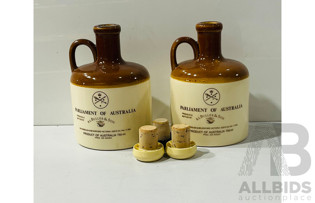 Pair of Parliament of Australia Tawny Port by R.L Buller&son in Ceramic Bottles