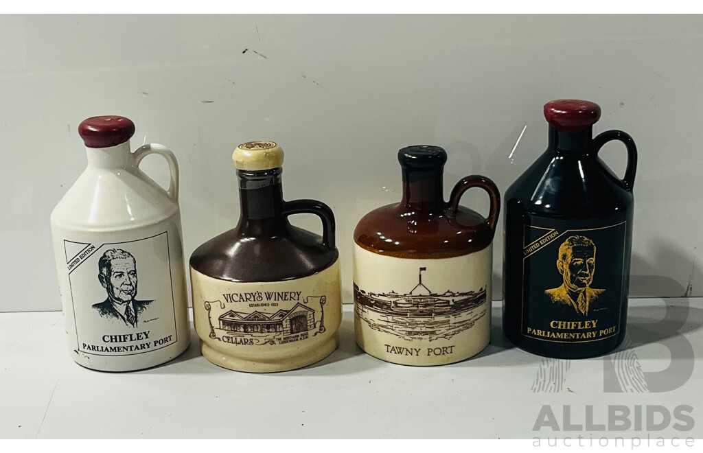 Collection of Port Wine in Ceramic Bottles Including Two Limited Edition Chifley Parliamentary Port