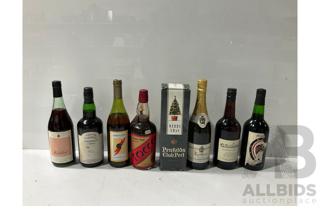 Collection of Eight Assorted Wimes Including Port, Reisling, Honey Wine and More