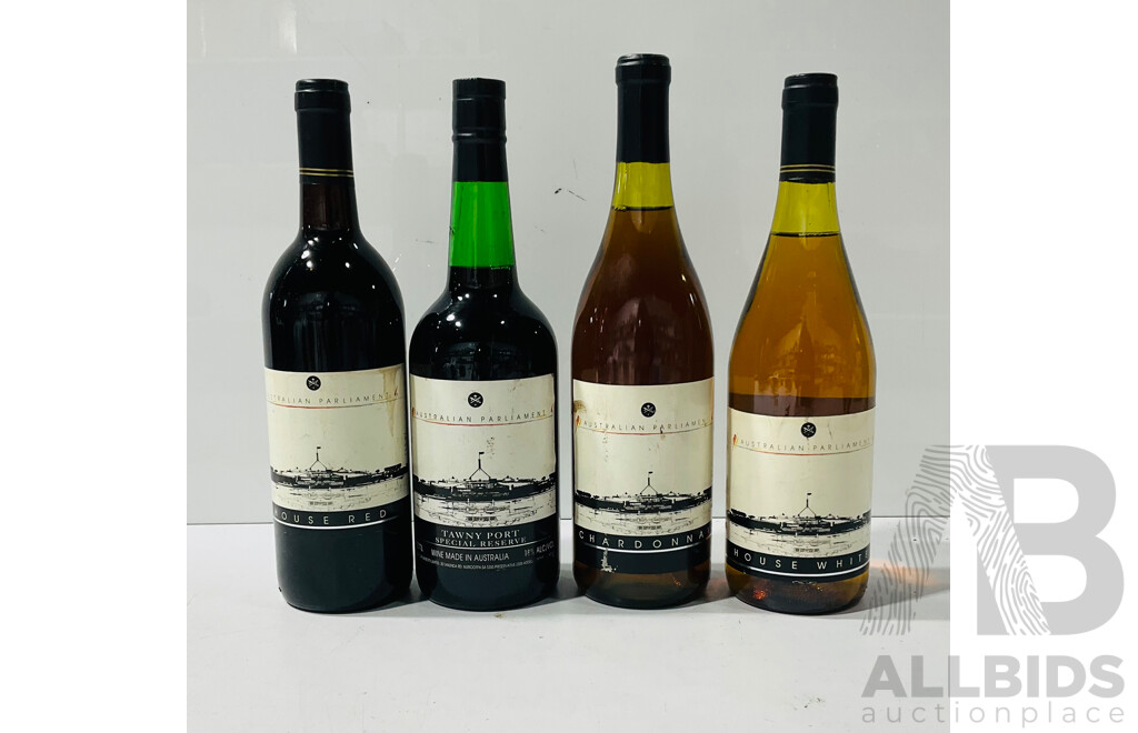 Collection of Australian Parliment Wines Including House Red, House White, Chardonnay and Tawny Port