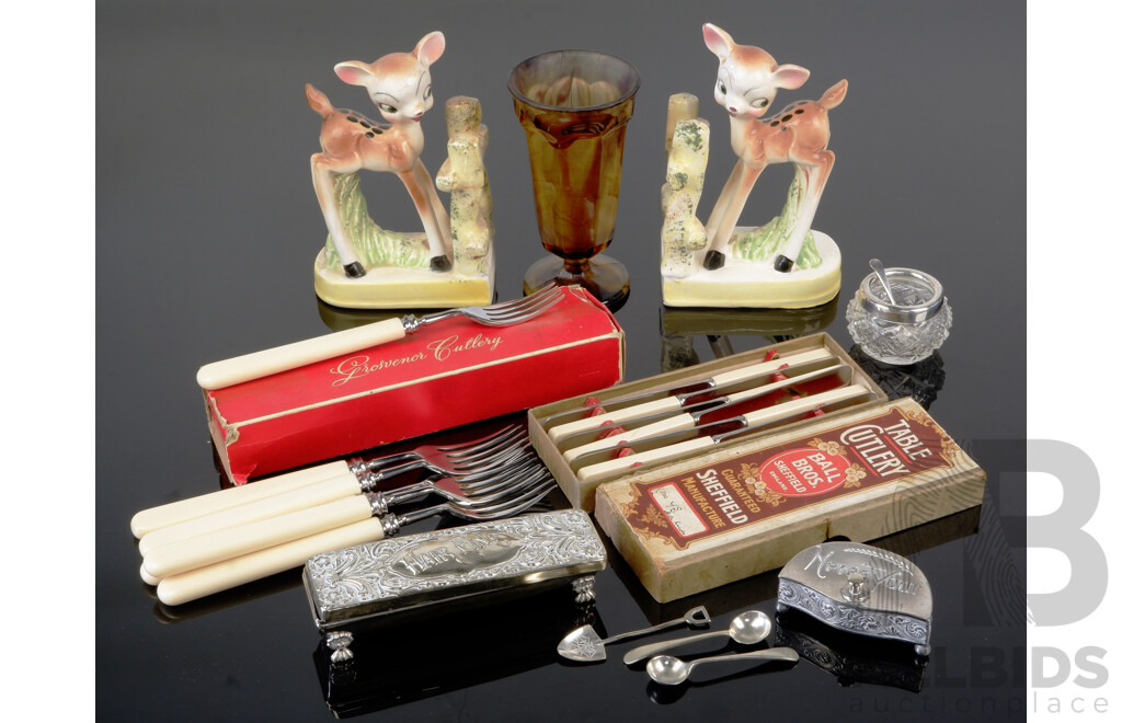 Collection Antique & Vintage Items Including Pair Ceramic Deer Themed Bookends, Antique Cut Glass Mustard Pot with Sterling Silver Collar and Spoon, Birmingham 1912, Two Pieces Silver Plate, Flatware in Original Boxes and More