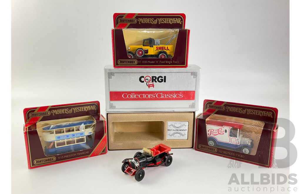 Three Matchbox Models of Yesteryear Including Commercial Ford Model T  ‘A’ and Bus with Corgi Collectors Classic 1927 Three Liter Bentley