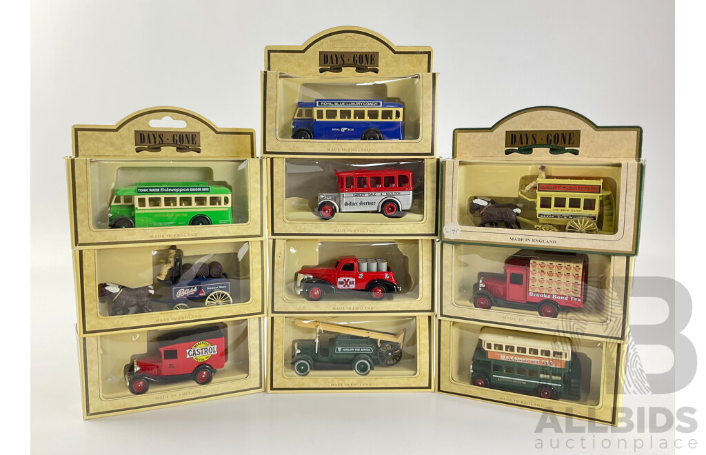 Collection of Days Gone Trucks and Buses Including 1934 Dennis Fire Engine, 1934 Ford Model 'A' Van, 1932 AEC Regent Double Deck Bus and More