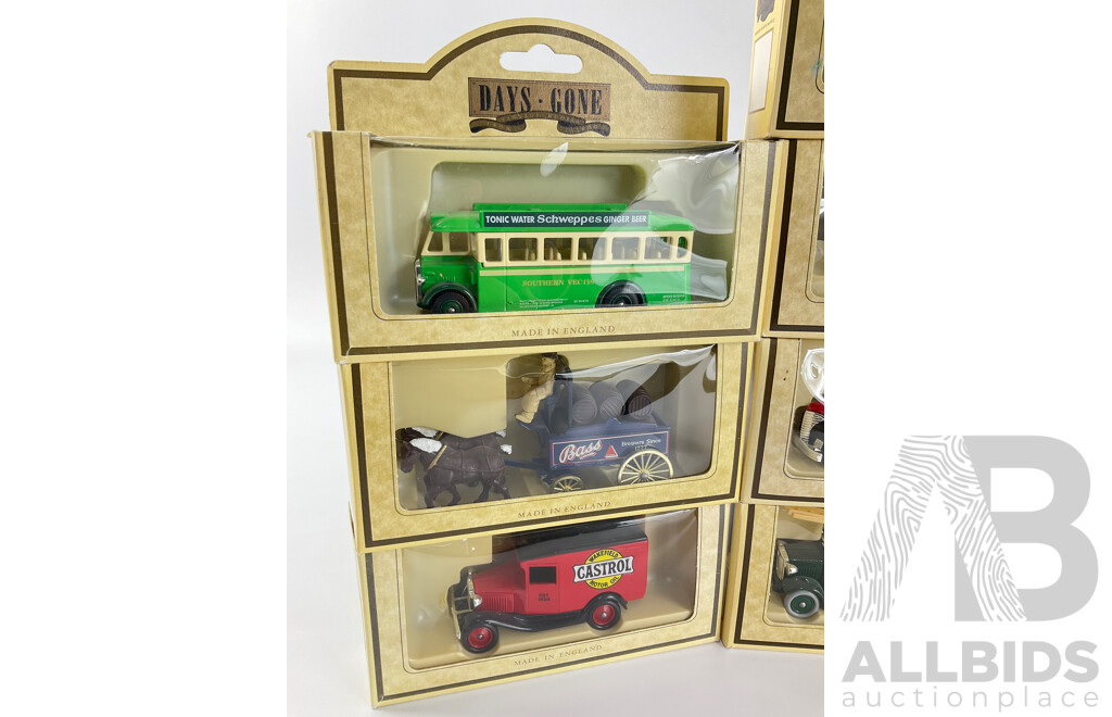 Collection of Days Gone Trucks and Buses Including 1934 Dennis Fire Engine, 1934 Ford Model 'A' Van, 1932 AEC Regent Double Deck Bus and More