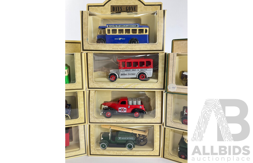 Collection of Days Gone Trucks and Buses Including 1934 Dennis Fire Engine, 1934 Ford Model 'A' Van, 1932 AEC Regent Double Deck Bus and More