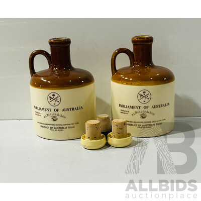 Pair of Parliament of Australia Tawny Port by R.L Buller&son in Ceramic Bottles