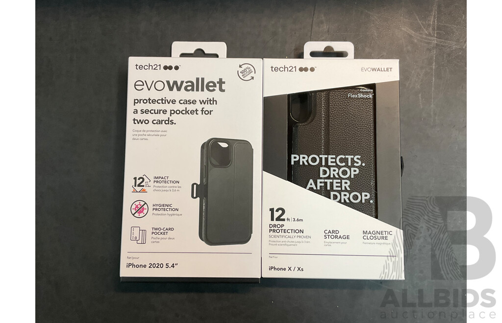 Tech21 Assorted Phone Cases - IPhone XS Max EvoMax Case (45 Cases), IPhone X/XS EvoWallet (20 Cases) & IPhone 2020 5.4' (80 Cases) - ORP $2,900.00