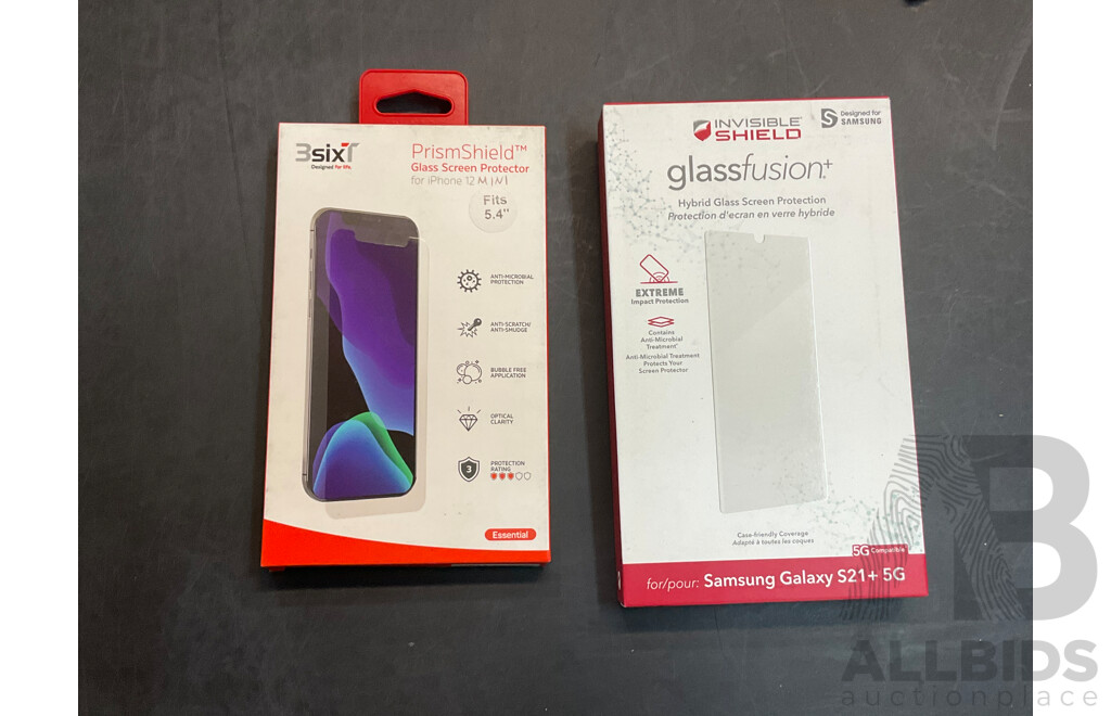 Box of Assorted Phone Screen Protectors - 3SixTPrimShield for IPhone 12 & Invisible Shield Glassfusion for Samsung Galaxy S21+ 5G