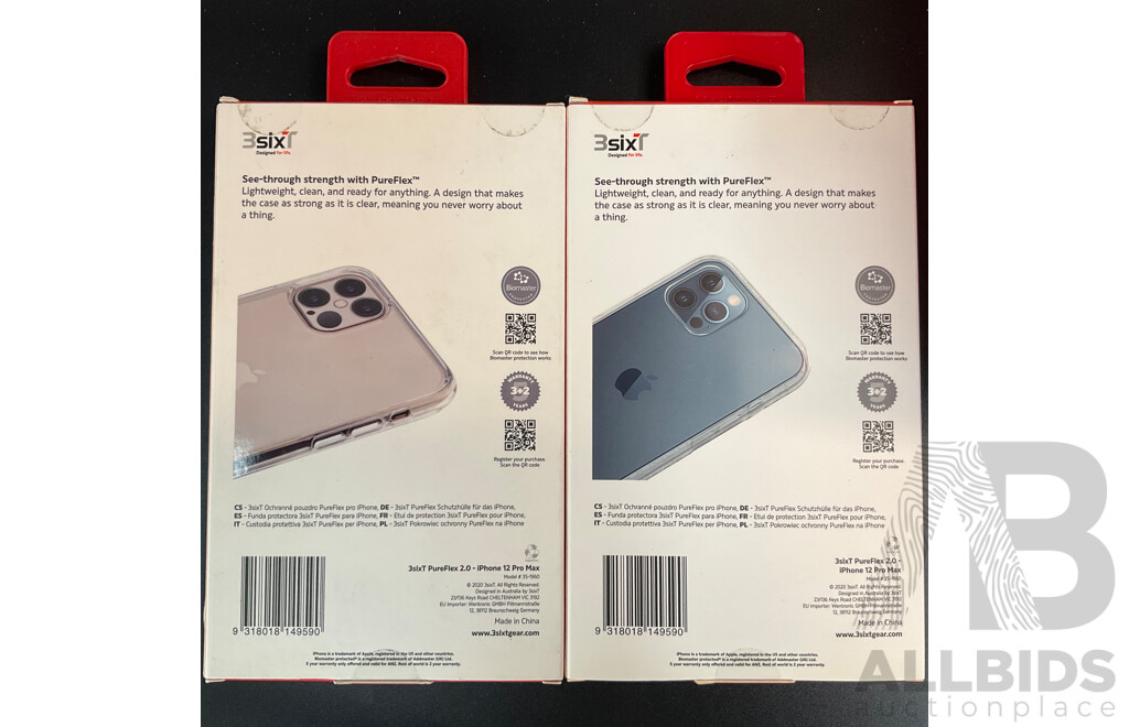 3SixT PureFlex Smartphone Case & Clear Smartphone Case for IPhone 12 Pro MAX - Lot of 52- Estimated Total ORP$ 1,600.00