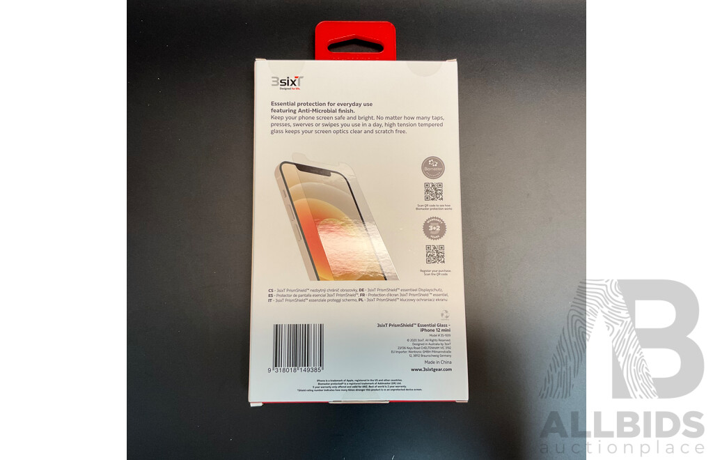 3SixT PrismShield Glass Screen Protector for IPhone 12 Mini (Fits New 2021 Mini) - Lot of 100 - Estimated Total ORP$ 3,000.00