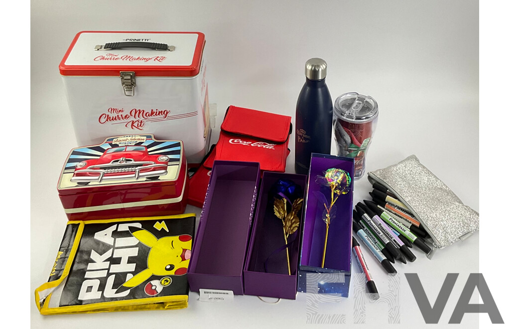 Collection of Tins, Royal Caribbean Coke Christmas Thermos Cup, Twin Tip Multi Colour Pro Marker Pens