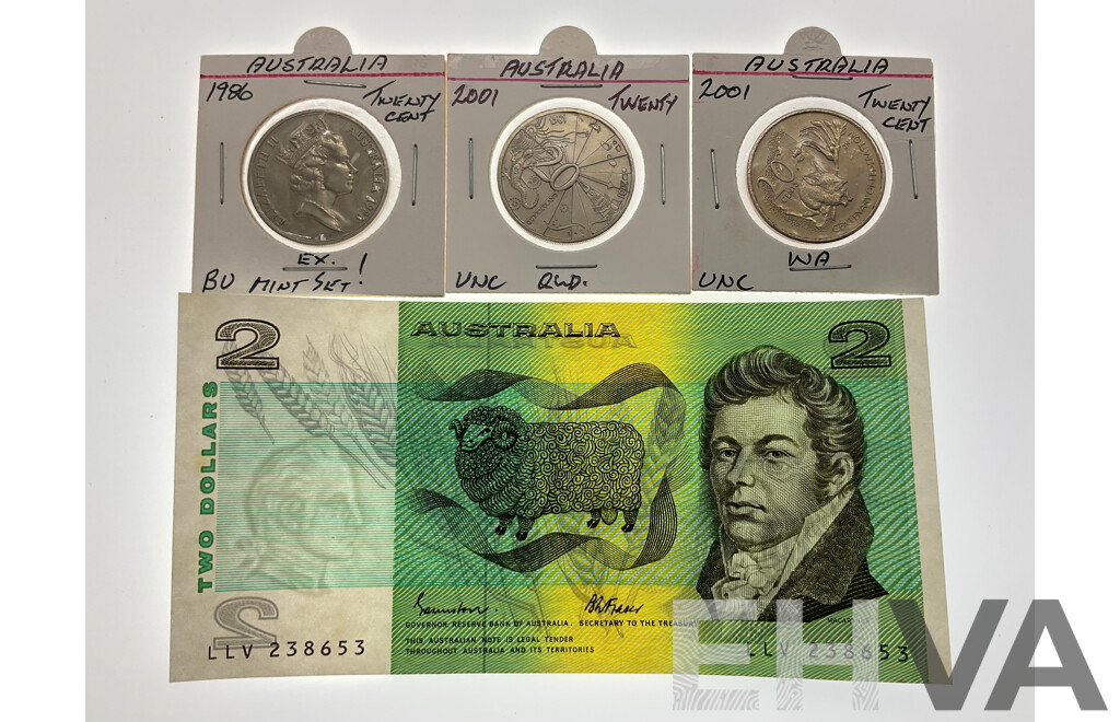 Australian 1985 Two Dollar Note Jonston/Fraser, Commemorative Twenty Cent Coins 2001 Western Australia and Queensland with 1986 UNC