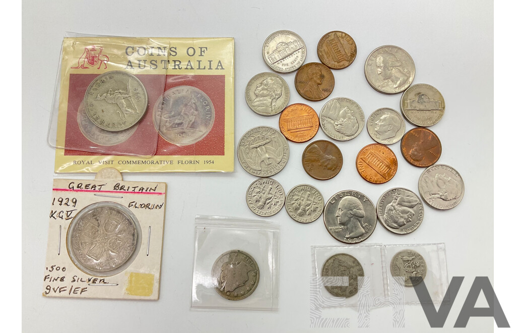 Australian 1954 Florin, Royal Visit with Vintage Vita-Brits Card, 1910 Sixpence and Threepence, UK 1929 KGV Silver Florin, USA 1912 V Nickel and Assorted Coins