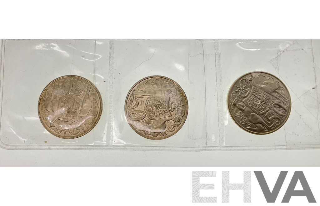 Three Australian 1966 Silver Round Fifty Cent Coins, A/UNC .800