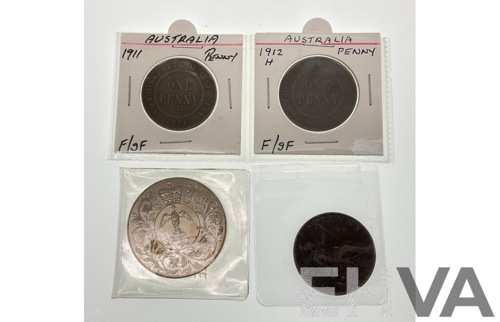 Two Australian Pennies, 1911 and 1912H, UK 1898 Penny, 1977 Jubilee Crown