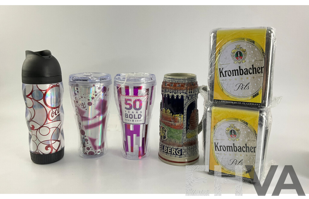 Vintage Heidelberg Ceramic Beer Stein, Two Krombacher Serviette Dispensers, Three Royal Caribbean Coca Cola Cups
