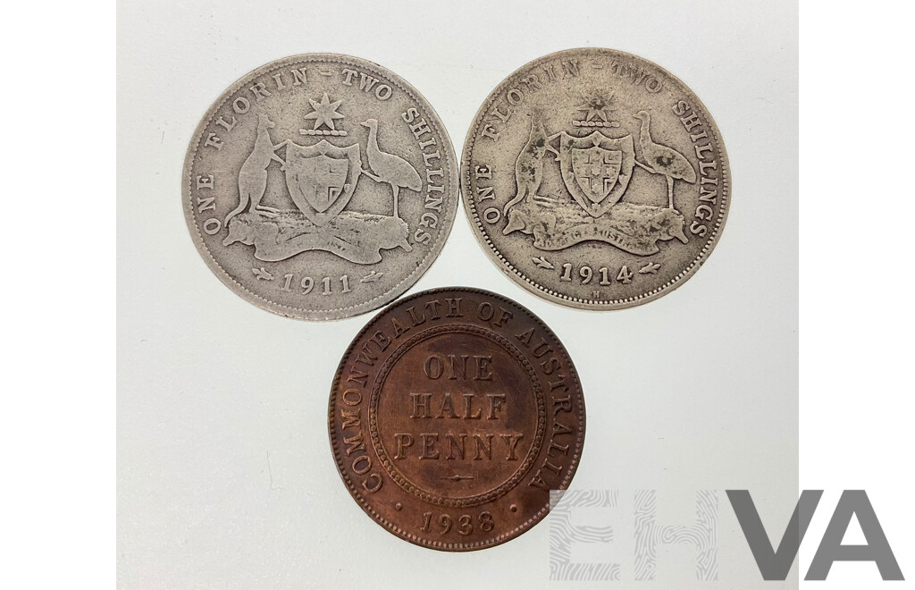 Australian Silver Florins KGV 1911 and 1914H with 1938 Half Penny