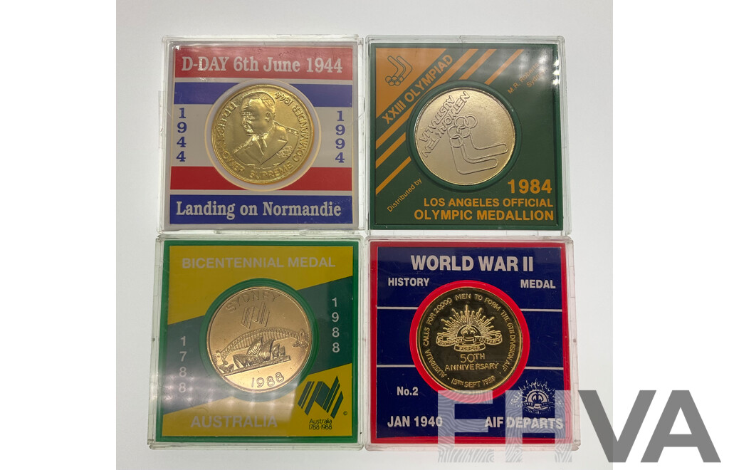 Australian Commemorative Medallions Including 1984 LA Olympics, 1988 Bicentennial, 1994 D-Day Anniversary, 1990 WW2 AIF Departs 50th Anniversary