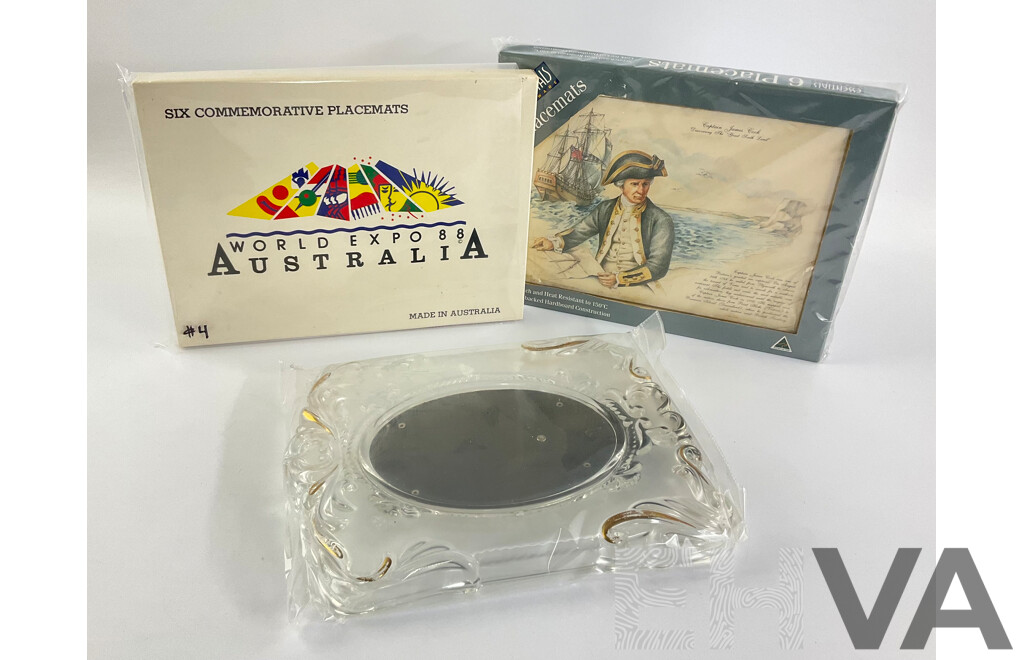 Australian Expo 1988 and Captain Cook Place Mats with Glass/Gilded Picture Frame