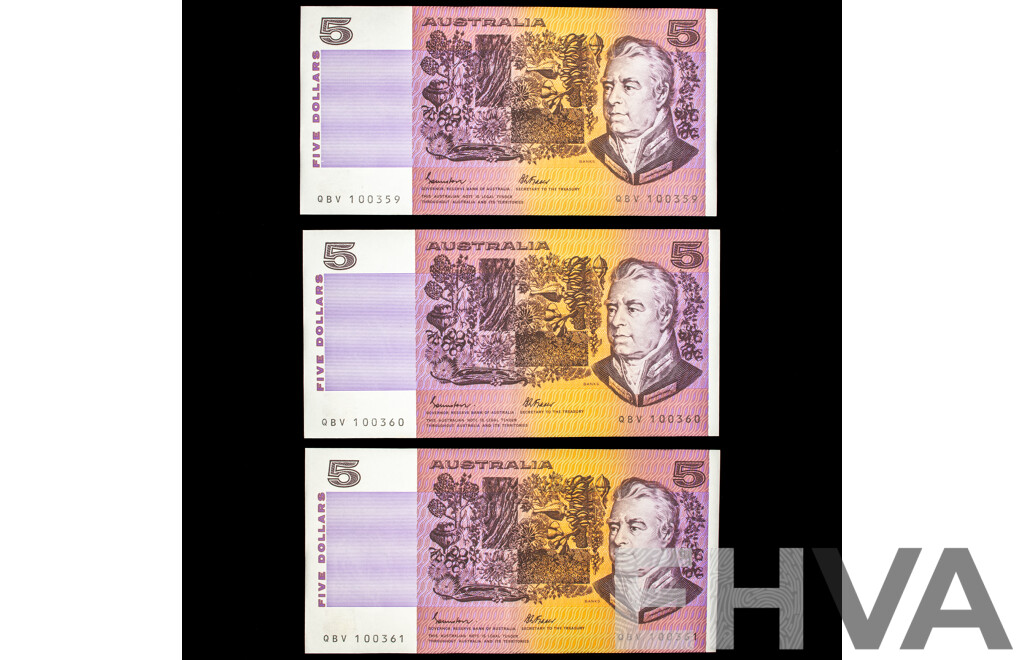 Three Australian 1985 Two Dollar Notes, Johnston/Fraser Consecutive QBV 100359 - QBV 100361