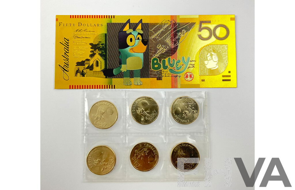 Six Australian 2024 One Dollar Coins, Bluey Bucks with Gold Tone Fifty Dollar Bluey Note