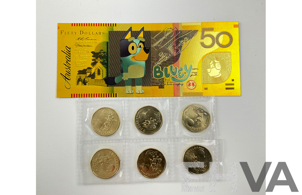 Six Australian 2024 One Dollar Coins, Bluey Bucks with Gold Tone Fifty Dollar Bluey Note