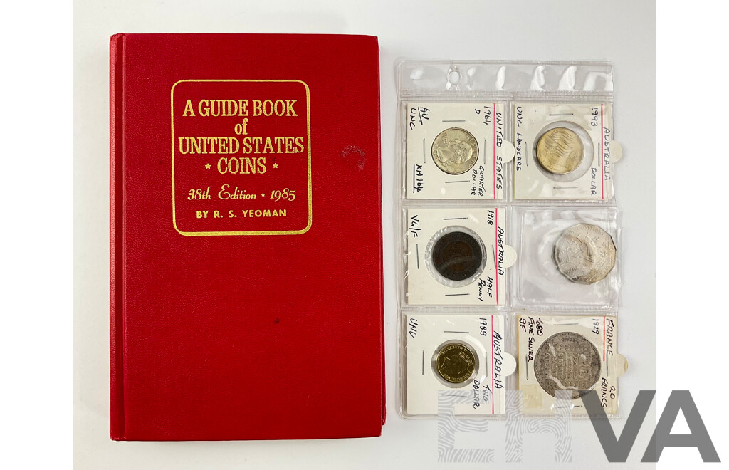 Collection of Coins Including USA 1964 Silver Quarter Dollar, Denver Mint, France 1929 Silver Twenty Francs, Australian 1918 Half Penny, 1993 One Dollar Land Care.....