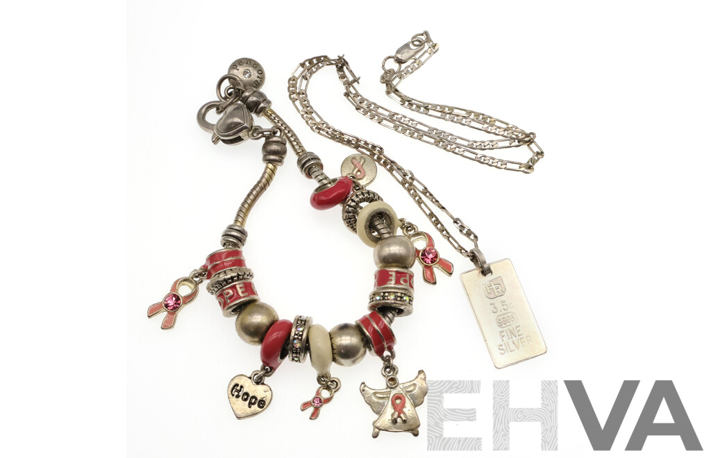 Sterling Silver 3.5gm Ignot on Figaro 3+1 Chain, 42cm, 6.90 Grams & Silver Tone Bead Charm Bracelet with (15) Charms, 18cm